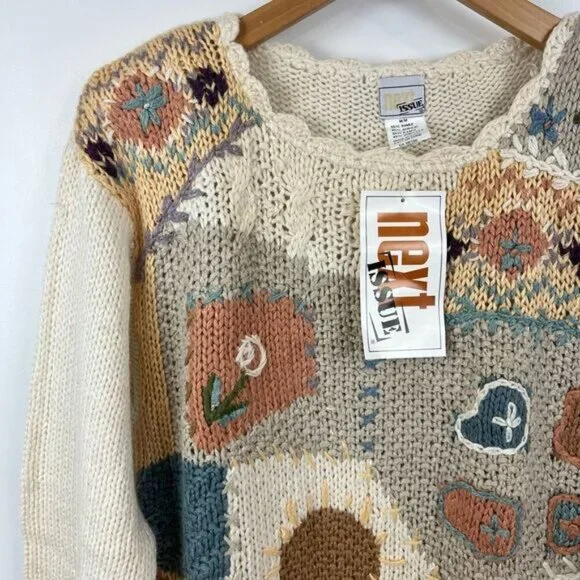 90s Brand New Next Issue Womens Medium Ramie Blend Granny Square Sweater Cottage - Picture 8 of 15